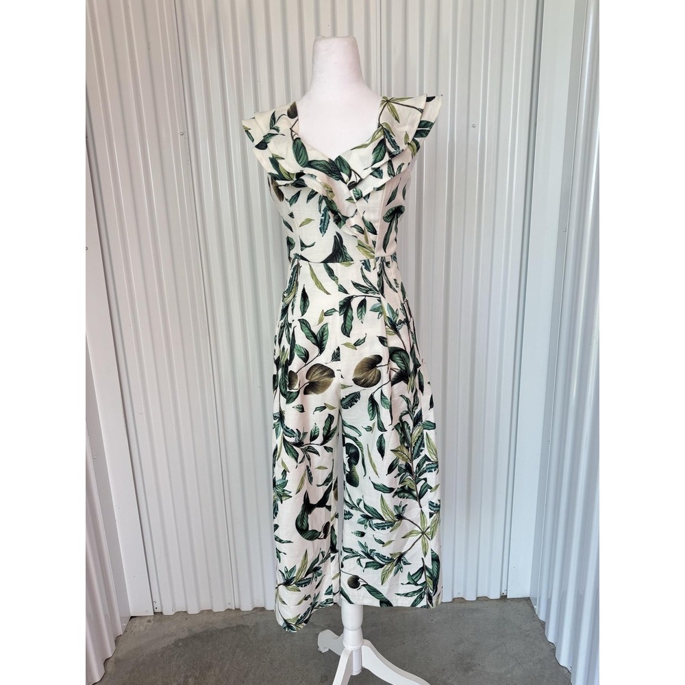 Alex Vinash Jumpsuit Womens Small White Tropical Floral Ruffle V Neck Wide Leg